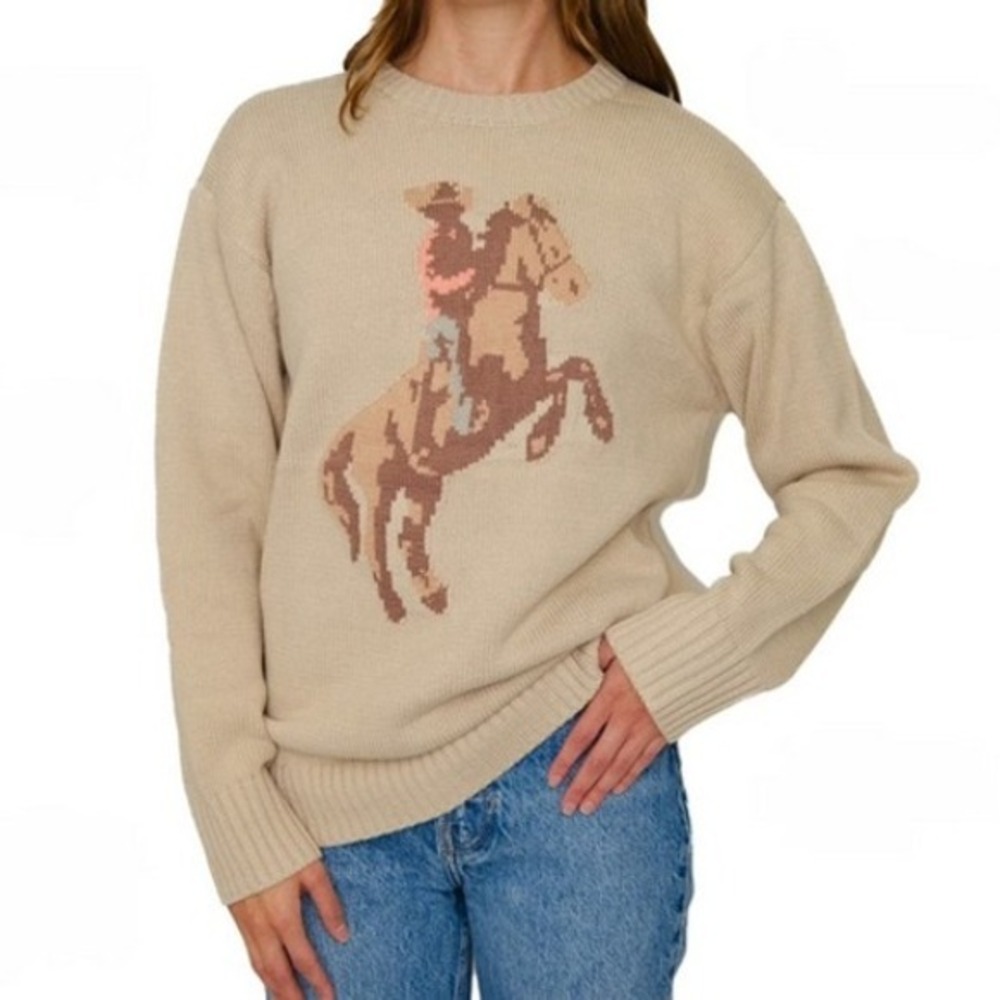 Horse Sweater Mighty Fine XXL Tan Western Americana Graphic‎ NWT